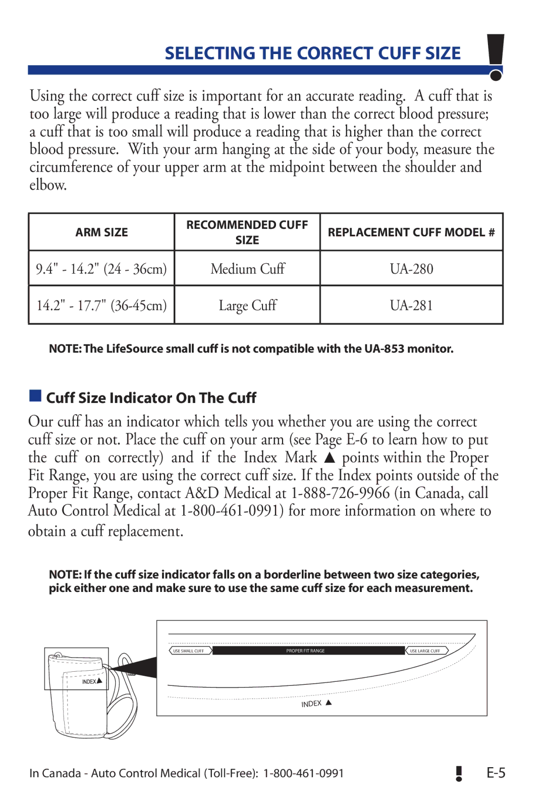 LifeSource UA-853 manual SELECTING THE CORRECT CUFF Size, Cuff Size Indicator On The Cuff 